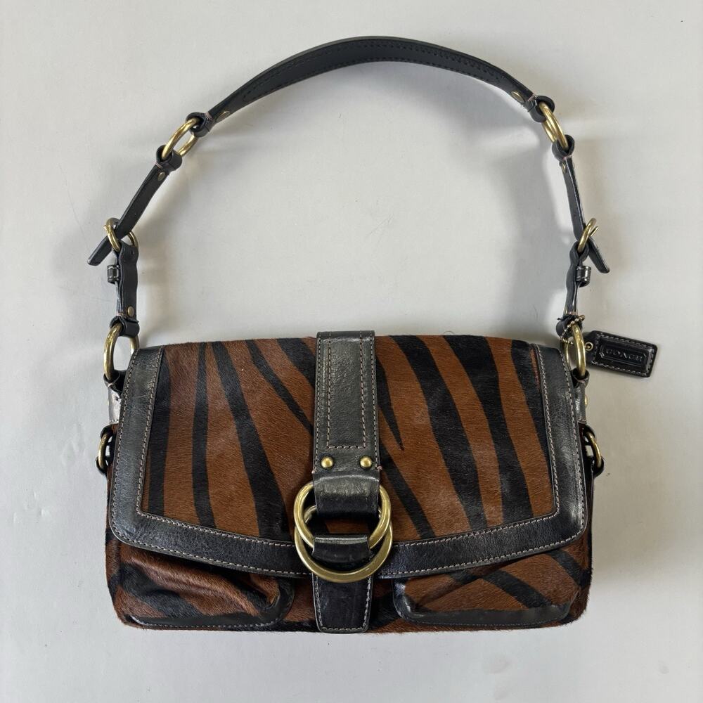 Coach Rare Chelsea Zebra Pony Hair Shoulder Bag Black Leather
